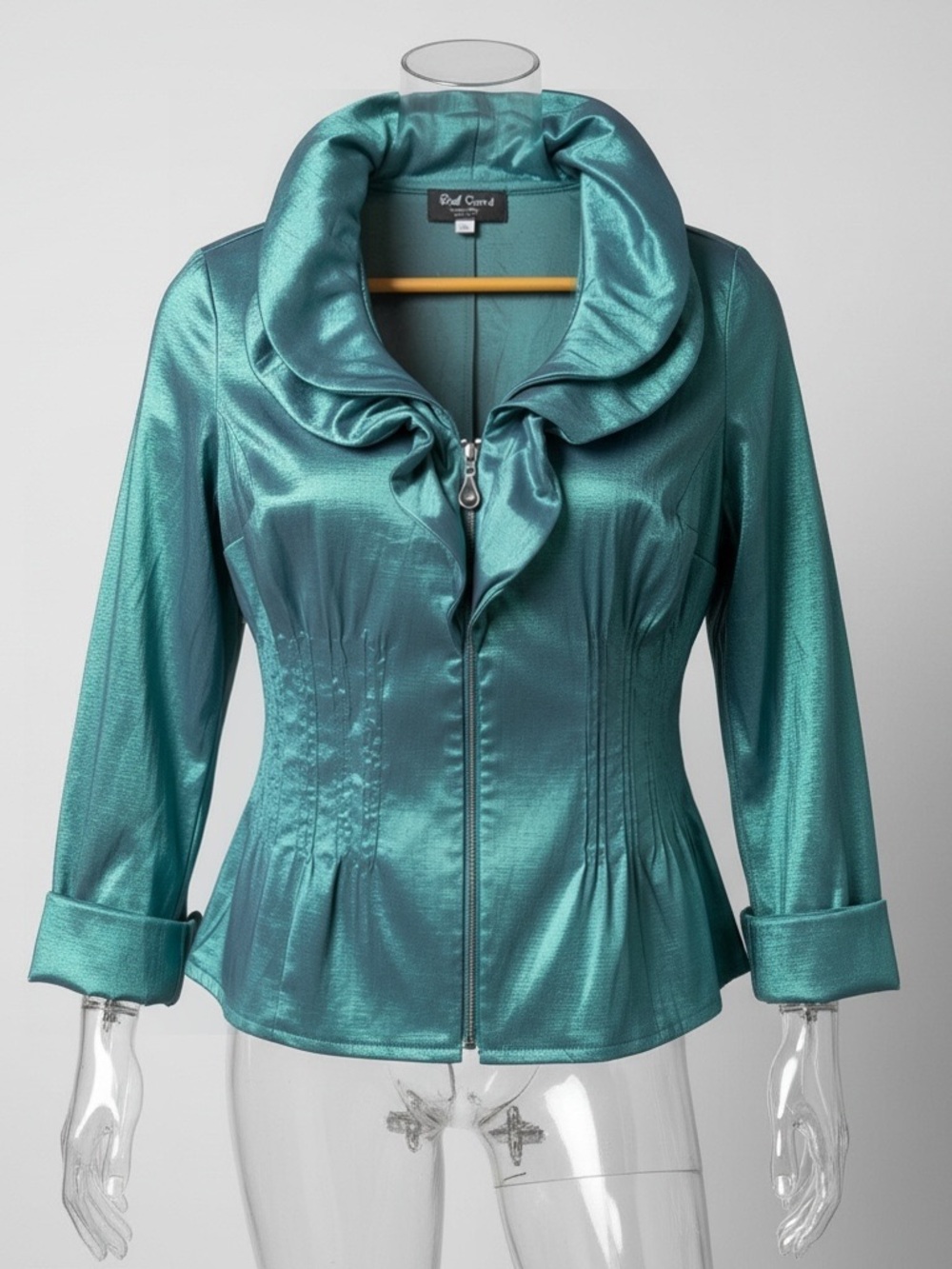 Shimmery Whimsigoth Teal Ruffled Zip Jacket